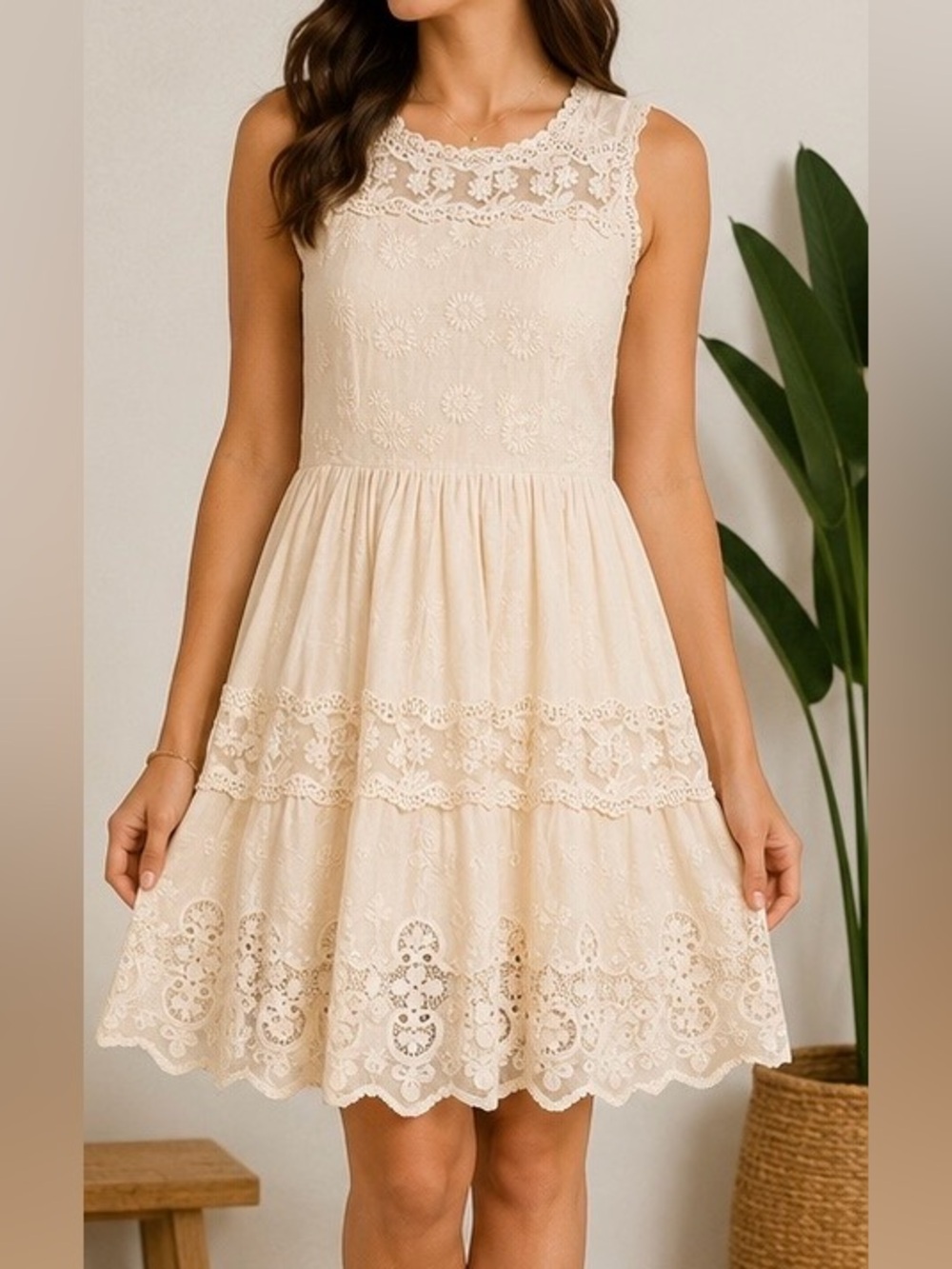 Altar'd State Cream Lace Tiered Embroidered Women’s Medium Dress